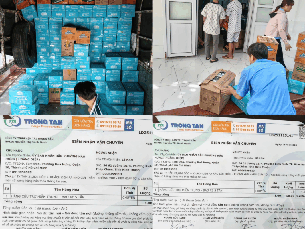 Tất cả đơn hàng từ thiện vùng lũ đều được Trọng Tấn hỗ trợ giá cước 0đ